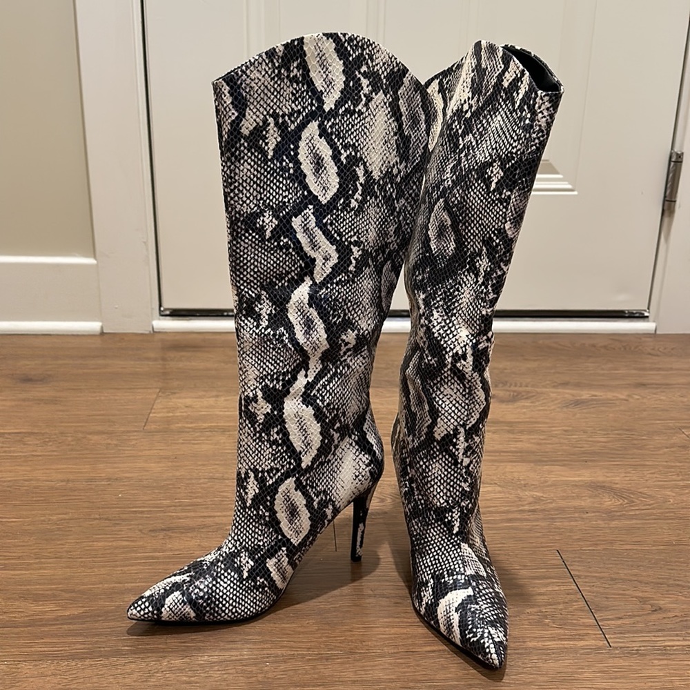 Faux snakeskin knee high boots